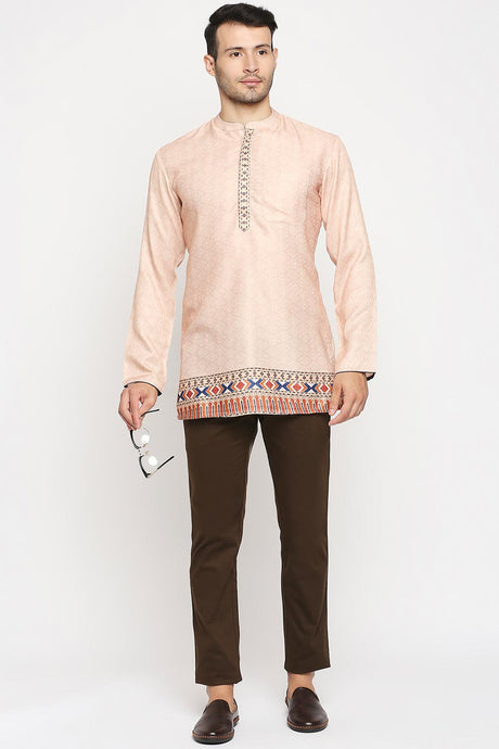 Buy Men's Poly Cottton Printed Short Kurta in Ivory Online - Front