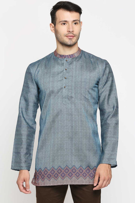 Buy Men's Poly Cottton Printed Short Kurta in Turquoise Online