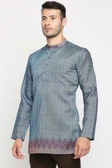 Buy Men's Poly Cottton Printed Short Kurta in Turquoise Online - Side