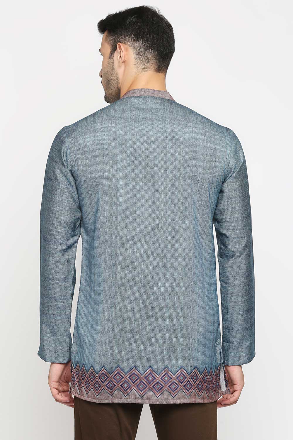 Buy Men's Poly Cottton Printed Short Kurta in Turquoise Online - Back