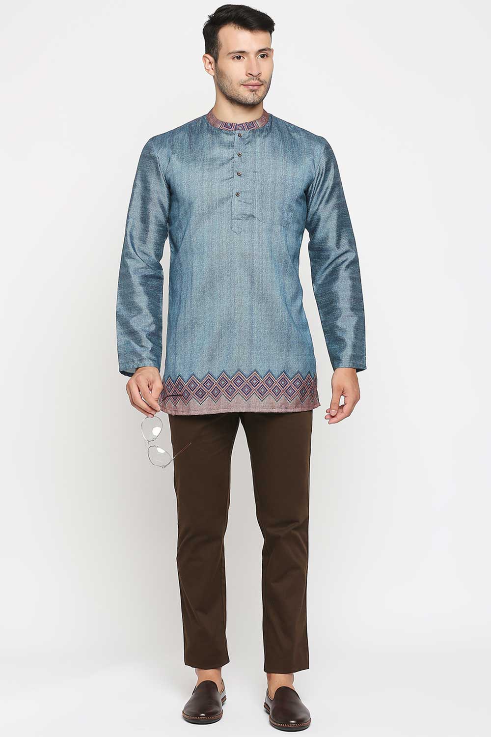 Buy Men's Poly Cottton Printed Short Kurta in Turquoise Online - Front