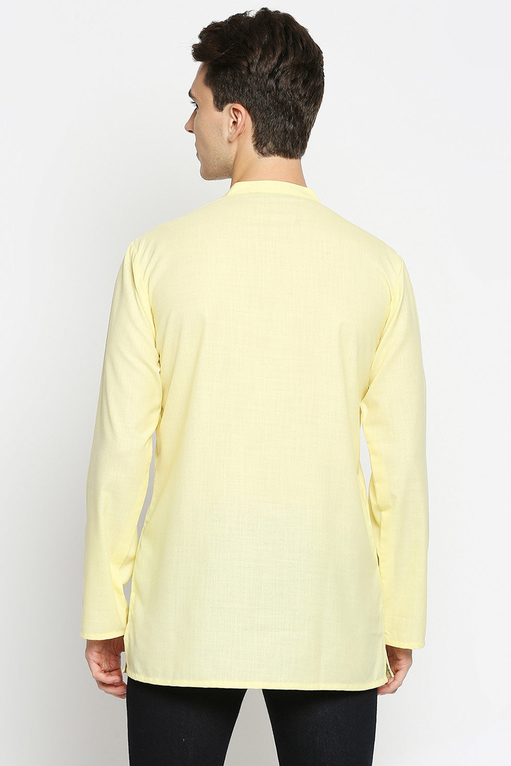 Buy Men's Cotton Plain Short Kurta in Yellow Online - Back