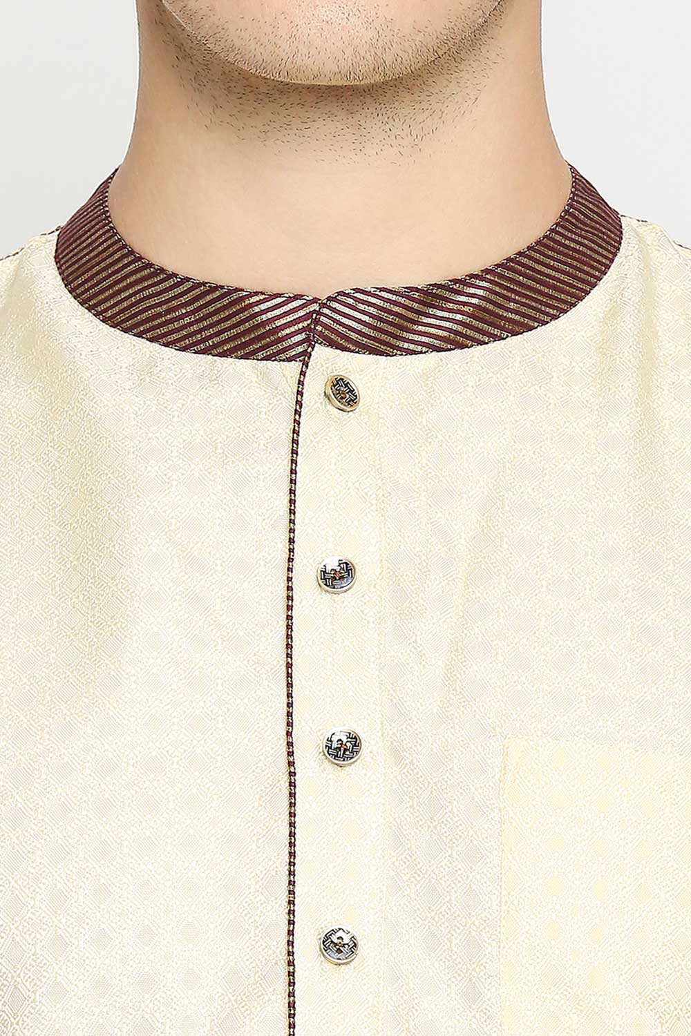 Buy Men's Poly Cottton Woven Short Kurta in Cream Online - Zoom In