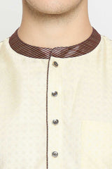 Buy Men's Poly Cottton Woven Short Kurta in Cream Online - Zoom In