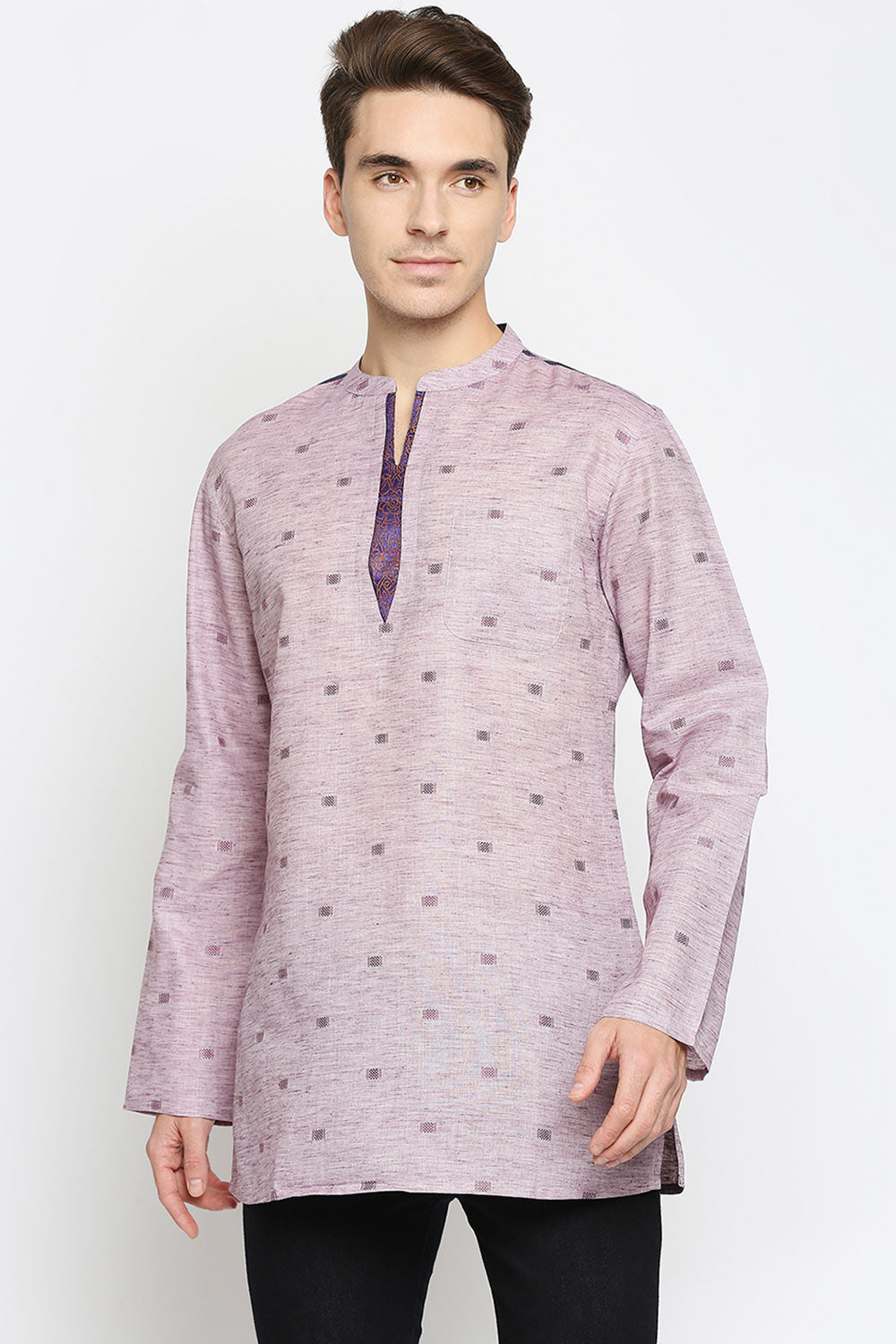 Buy Men's Cotton Textured Short Kurta in Magenta Online - Front