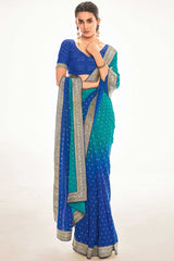 Silk Blend Teal Blue Printed Celebrity Saree