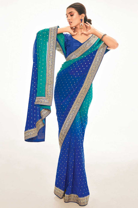 Silk Blend Teal Blue Printed Celebrity Saree