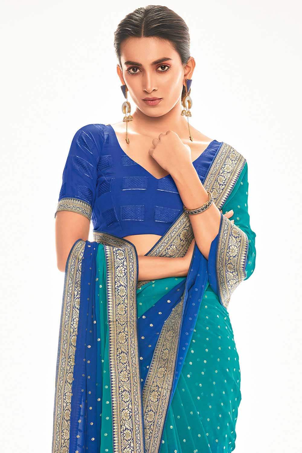 Silk Blend Teal Blue Printed Celebrity Saree