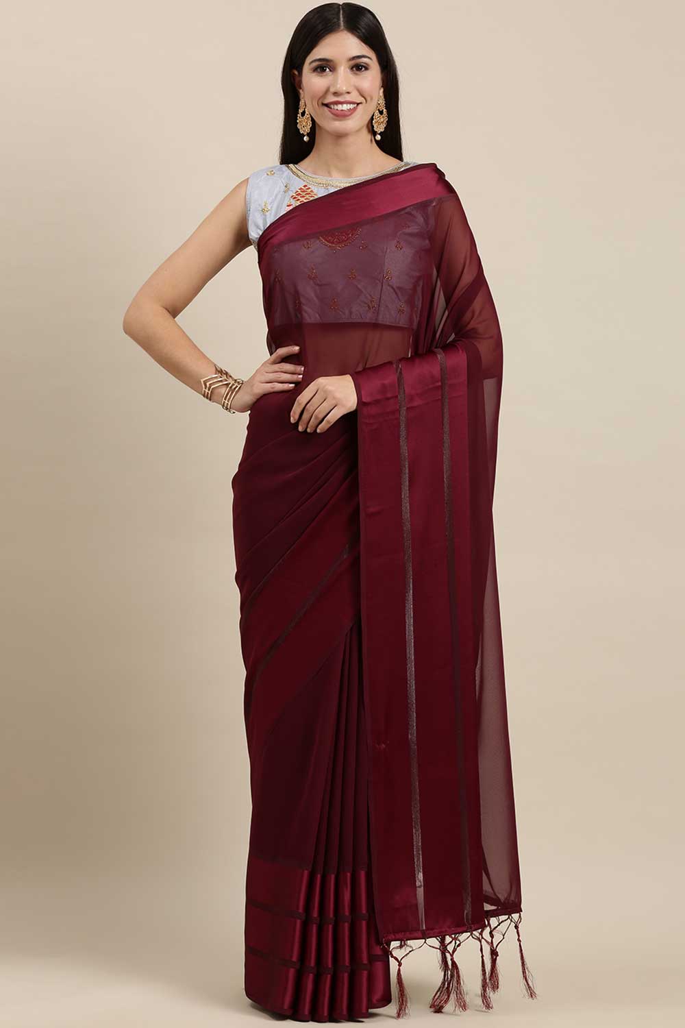 Georgette Solid Saree In Magenta