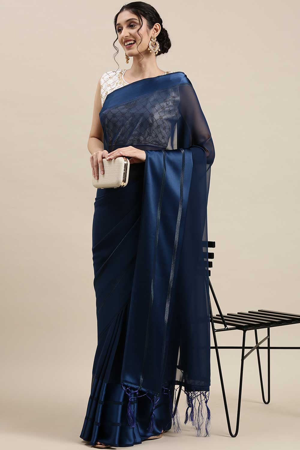 Georgette Solid Saree In Teal Blue