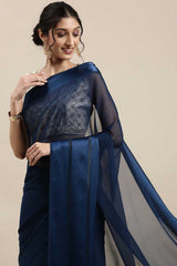 Georgette Solid Saree In Teal Blue