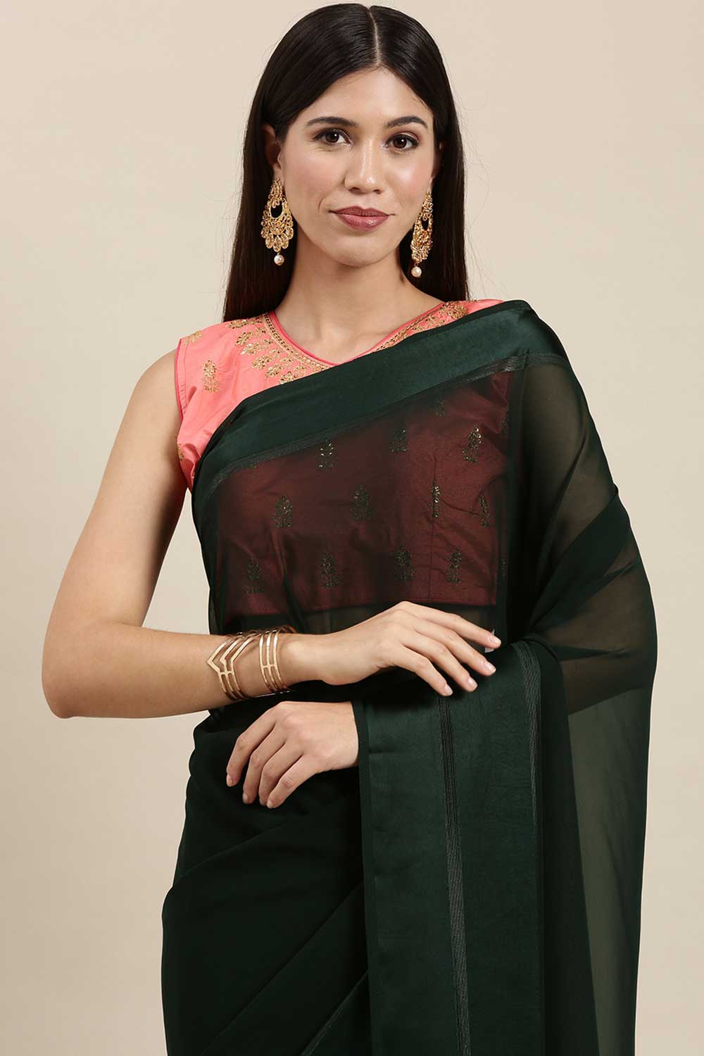 Georgette Solid Saree In Dark Green