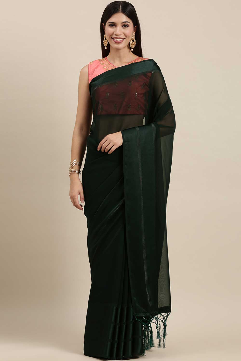 Georgette Solid Saree In Dark Green