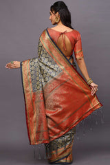 Blended Silk Bagh Saree In Grey