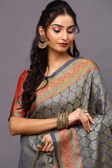 Blended Silk Bagh Saree In Grey