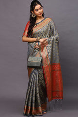 Blended Silk Bagh Saree In Grey