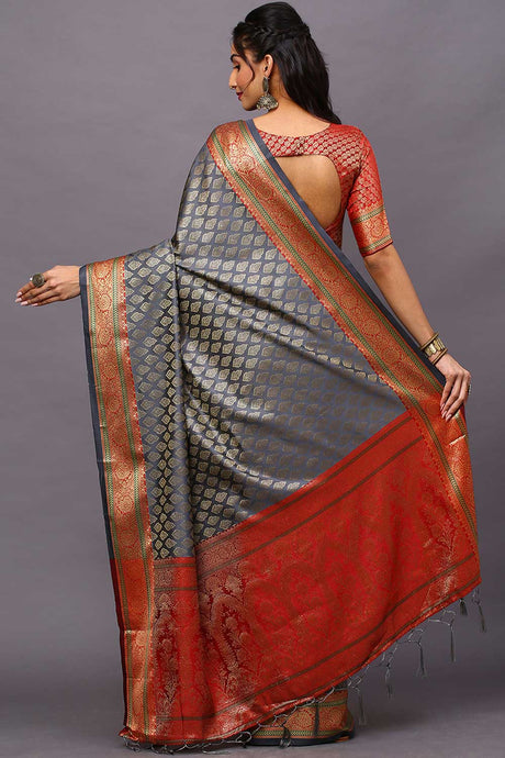 Blended Silk Bagh Saree In Grey