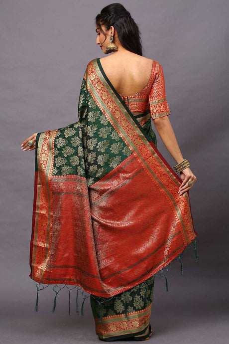 Blended Silk Floral Woven Saree In Green