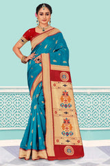 Blue & Red Paithani Art Silk Saree