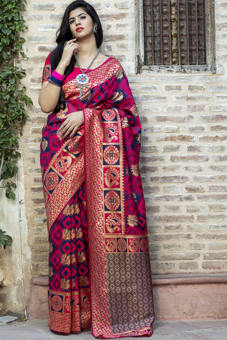 Buy Banarasi Art Silk Woven Saree In Rani Pink