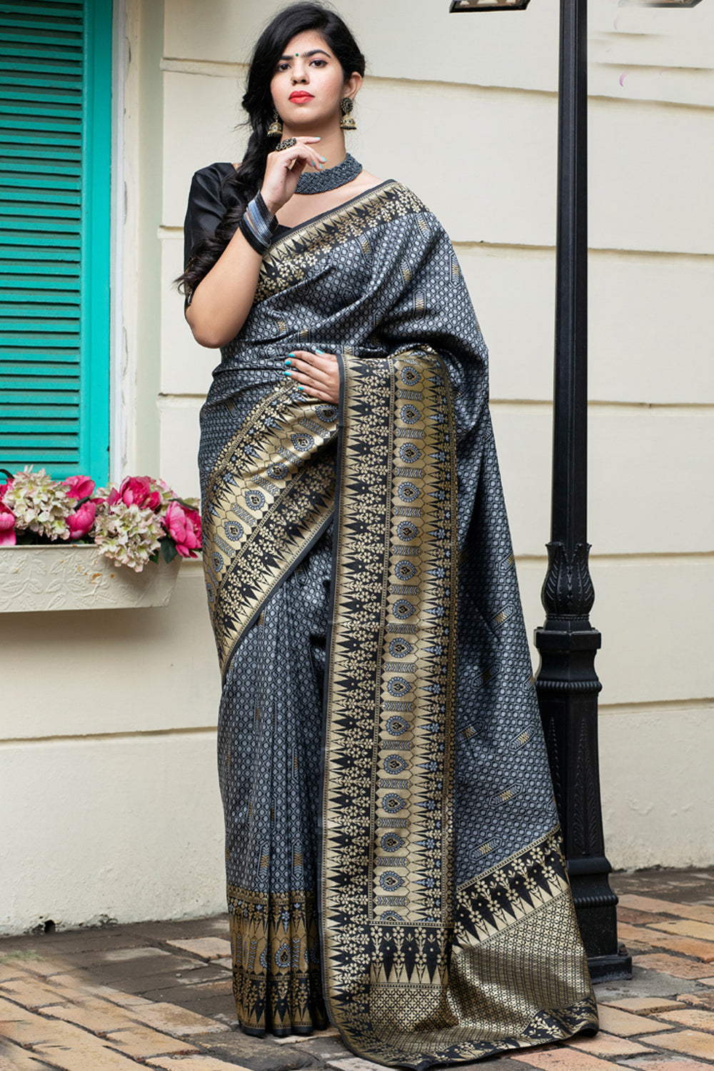 Buy Banarasi Art Silk Woven Saree In Dark Grey