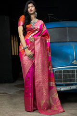 Buy Banarasi Art Silk Woven Saree In Rani Pink