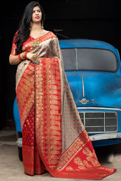 Buy Banarasi Art Silk Woven Saree In Dark Beige