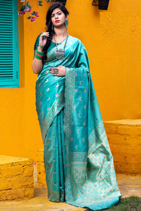 Buy Banarasi Art Silk Woven Saree In Turquoise