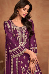 Wine Chiffon Embroidered Salwar Kameez