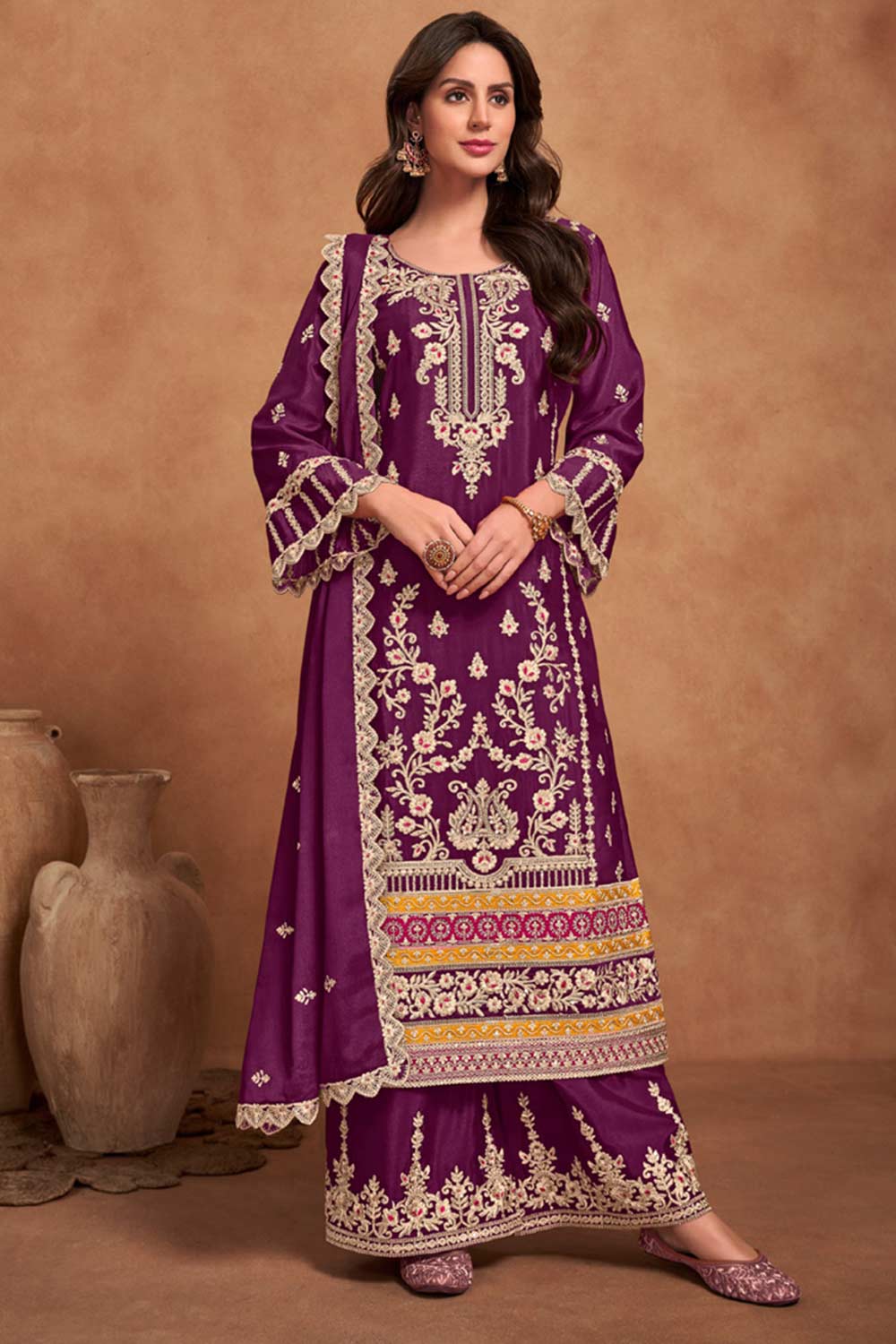 Wine Chiffon Embroidered Salwar Kameez