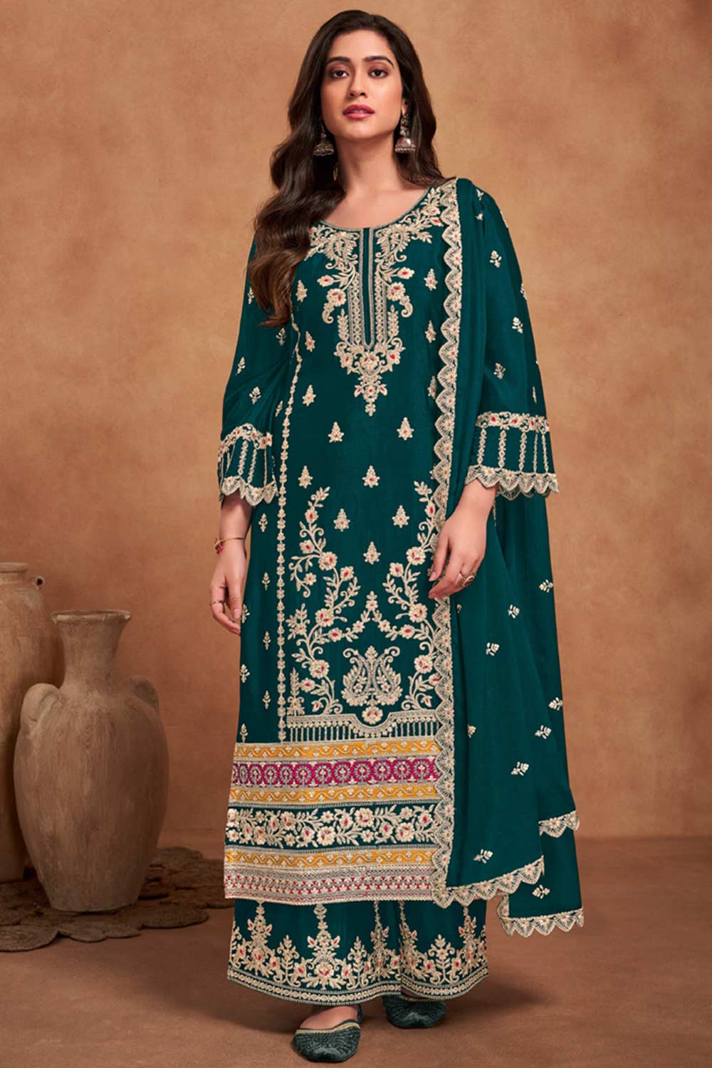 Teal Chiffon Embroidered Salwar Kameez