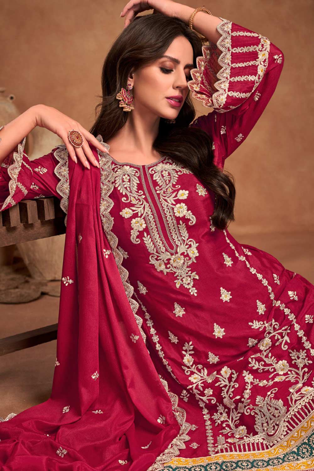 Rani-Pink Chiffon Embroidered Salwar Kameez