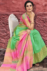 Blended Cotton Zari Saree In Green