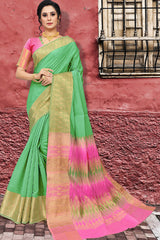 Blended Cotton Zari Saree In Green