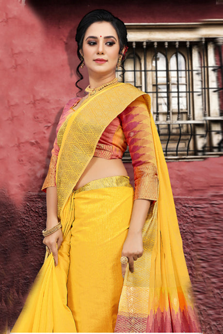 Blended Cotton Zari Saree In Yellow