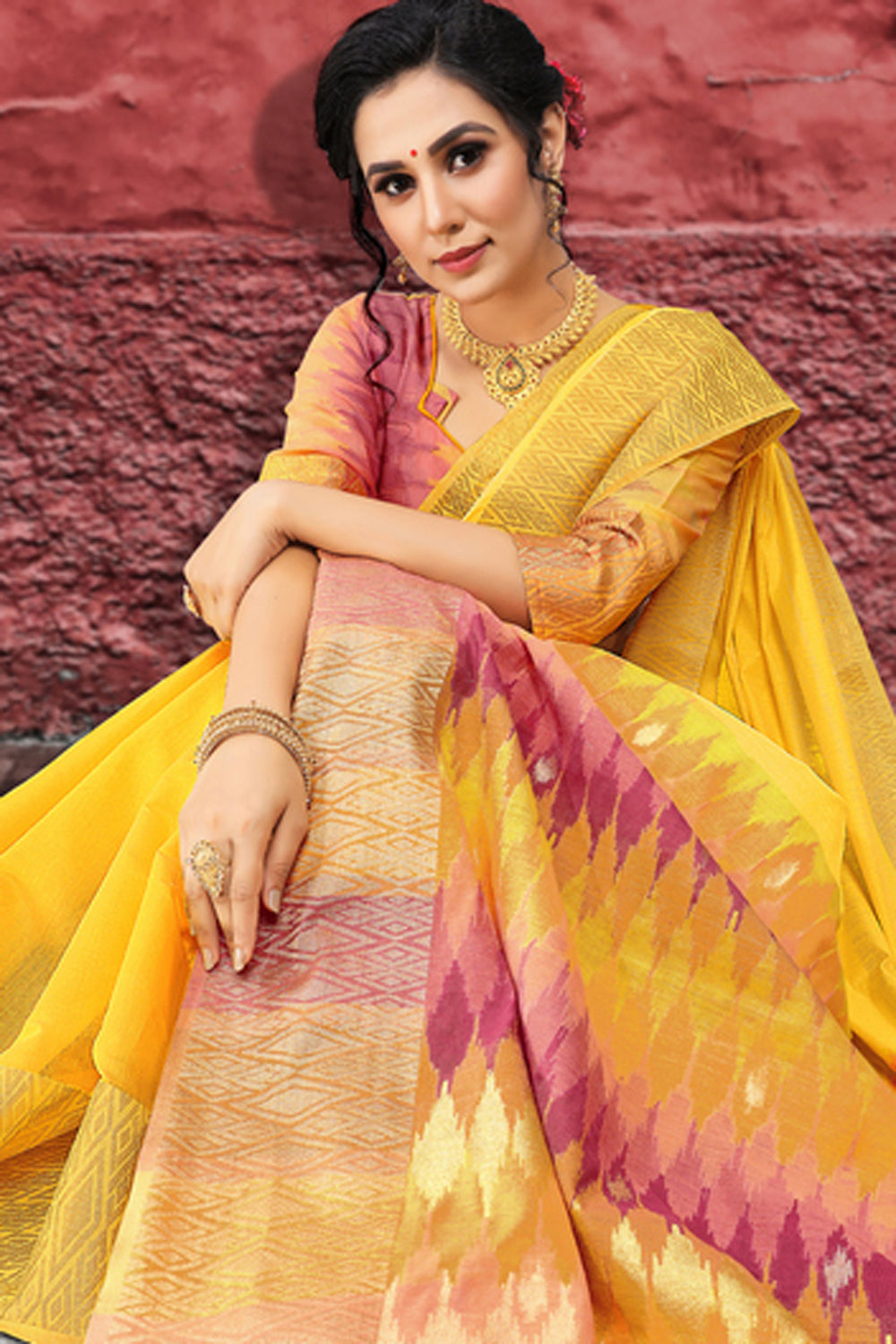 Blended Cotton Zari Saree In Yellow