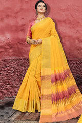 Blended Cotton Zari Saree In Yellow