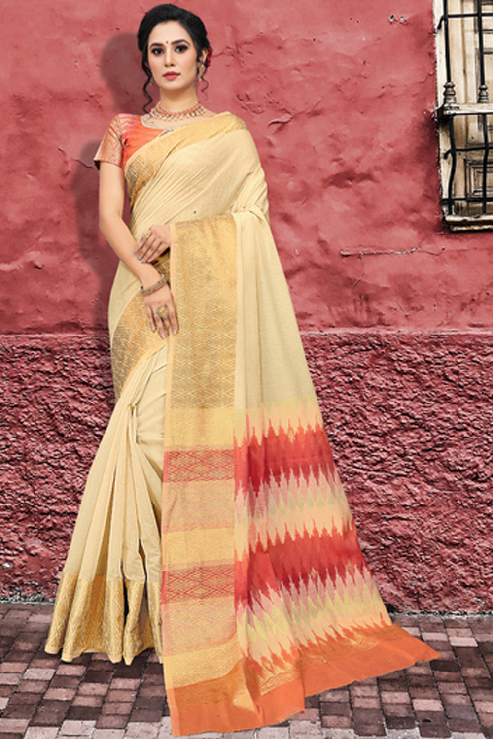 Blended Cotton Zari Saree In Off White