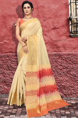 Blended Cotton Zari Saree In Off White