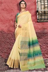 Blended Cotton Zari Saree In Off White