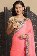 Buy Baby Pink Resham Embroidery Chiffon Sarees Online - Back