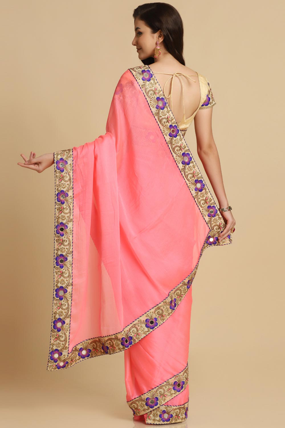 Buy Baby Pink Resham Embroidery Chiffon Sarees Online - Side
