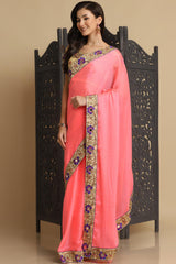 Buy Baby Pink Resham Embroidery Chiffon Sarees Online - Zoom In