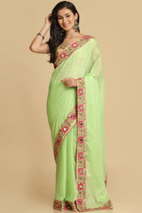 Buy Lime Resham Embroidery Chiffon Sarees Online