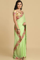 Buy Lime Resham Embroidery Chiffon Sarees Online - Back