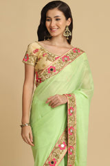 Buy Lime Resham Embroidery Chiffon Sarees Online - Front