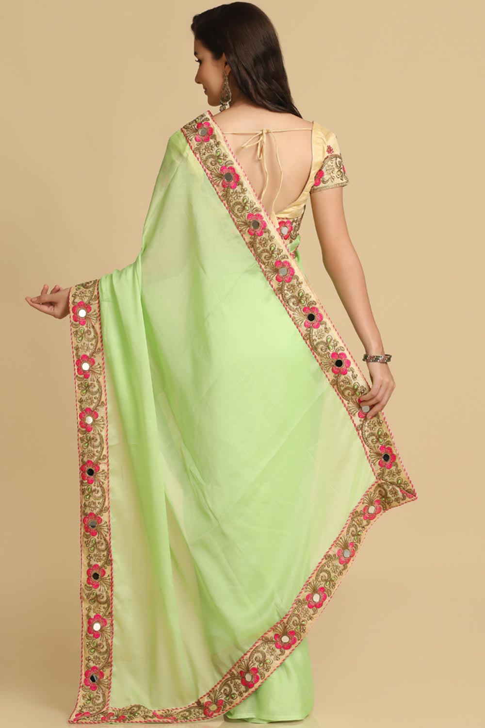 Buy Lime Resham Embroidery Chiffon Sarees Online - Side