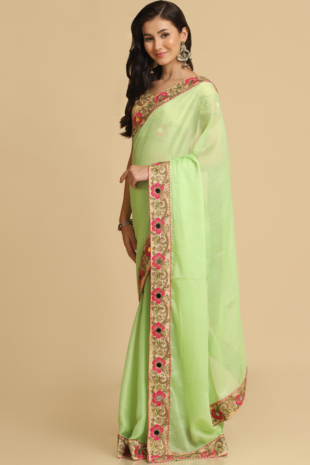 Buy Lime Resham Embroidery Chiffon Sarees Online - Zoom In