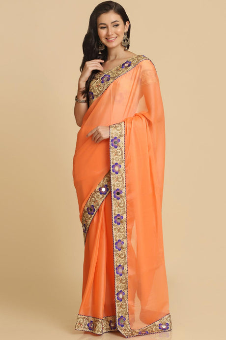 Buy Light Orange Resham Embroidery Chiffon Sarees Online