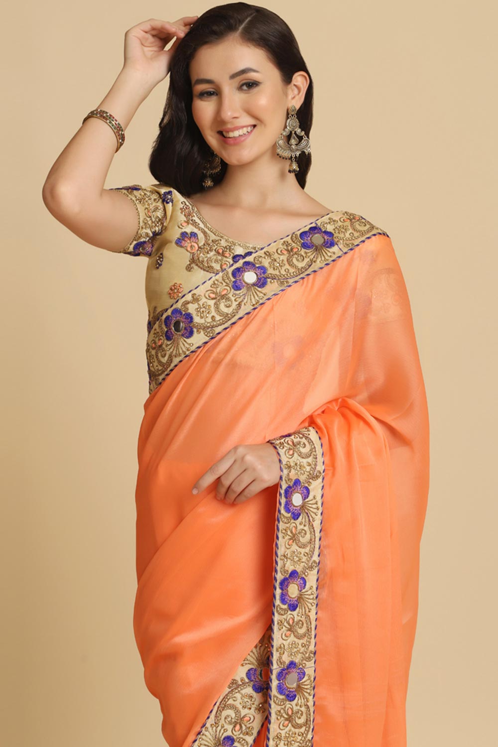 Buy Light Orange Resham Embroidery Chiffon Sarees Online - Back